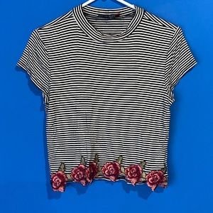 Striped Mock Neck Rose Decal Crop Top